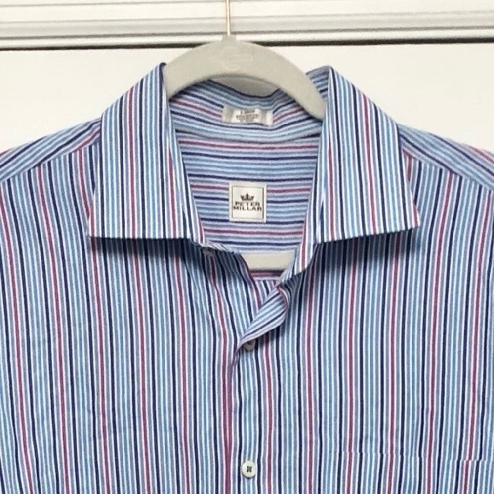Peter Millar Striped Cotton Shirt Button Up Down Long Sleeve Blue Pink L